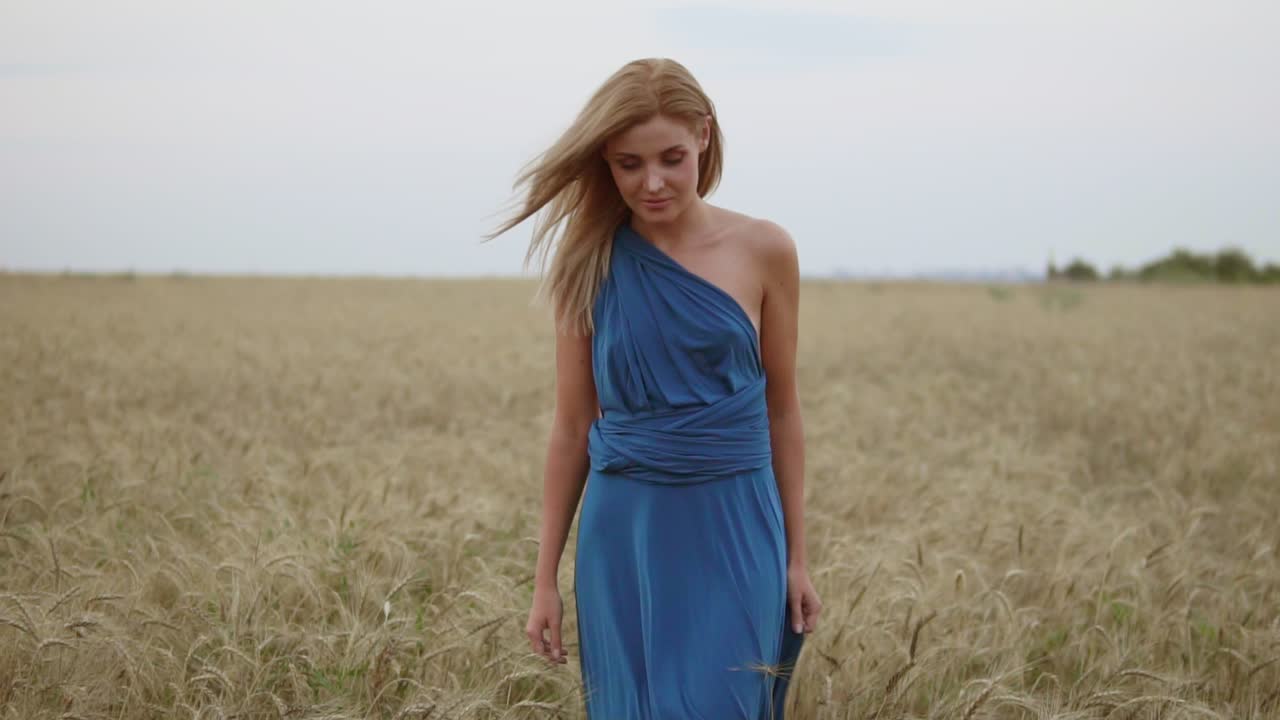 Attractive young woman in a long blue dress walking through golden wheat field looking to the camera. Freedom concept
