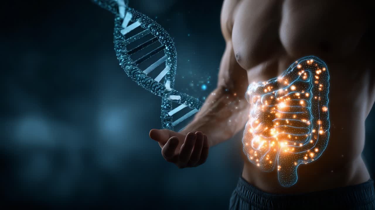 A Visualization of the Human Gut and DNA Interaction, Highlighting the Connection Between Digestive Health and Genetic Influence on Physical Well-Being