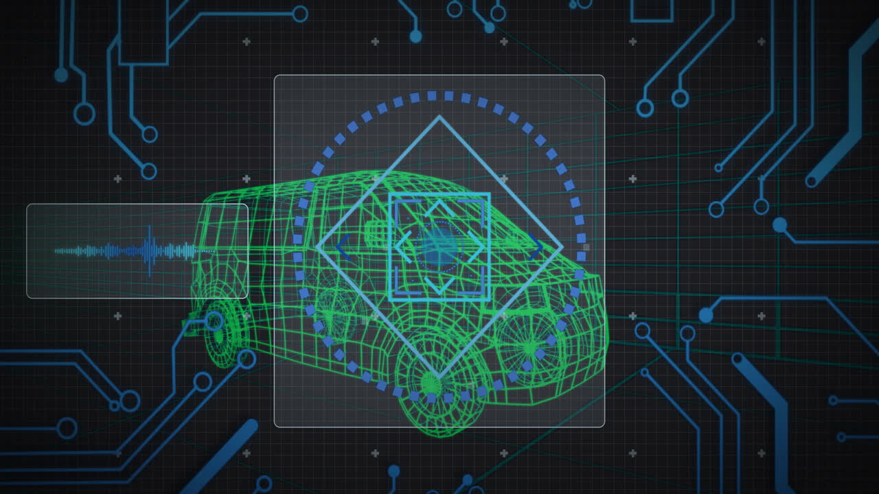 Green 3D wireframe car rotating inside UI panel, showing blue targeting circle and arrow square
