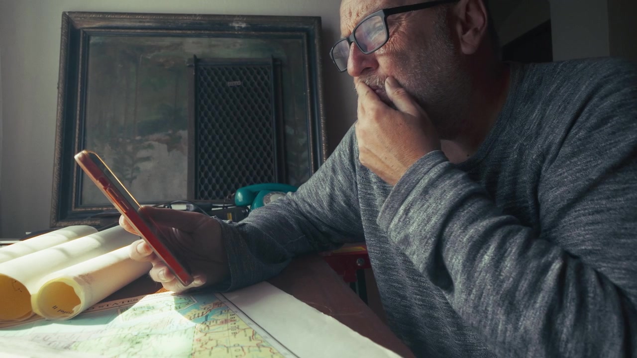 Side profile shows an investigator scrolling on a mobile phone at a desktop surrounded by classified documents and maps during case research.