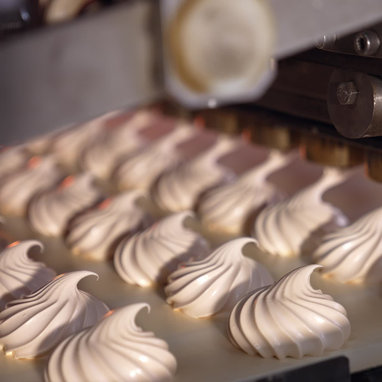 Confectionery industrial production. Marshmallow making factory conveyor