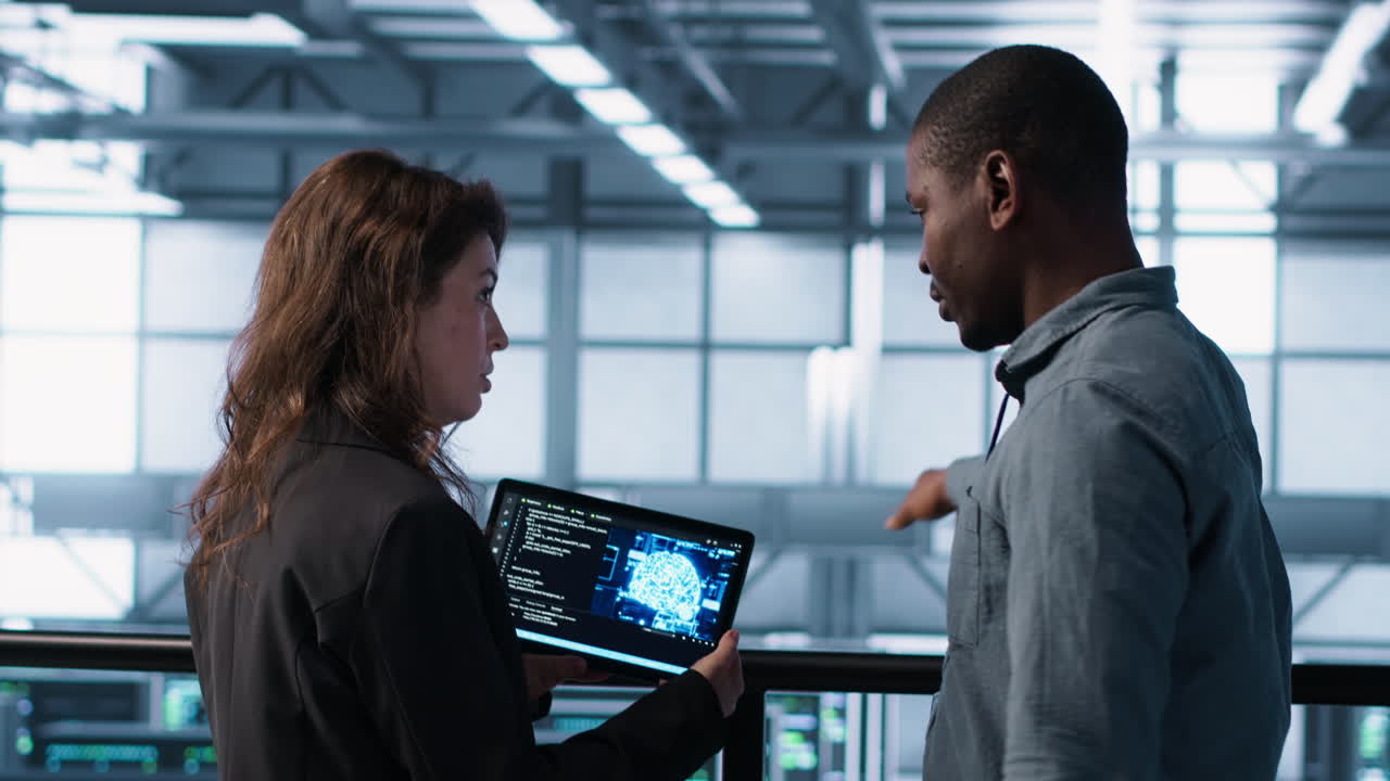 técnicos de centros de datos que despliegan herramientas de gestión impulsadas por la ia utilizando tabletas