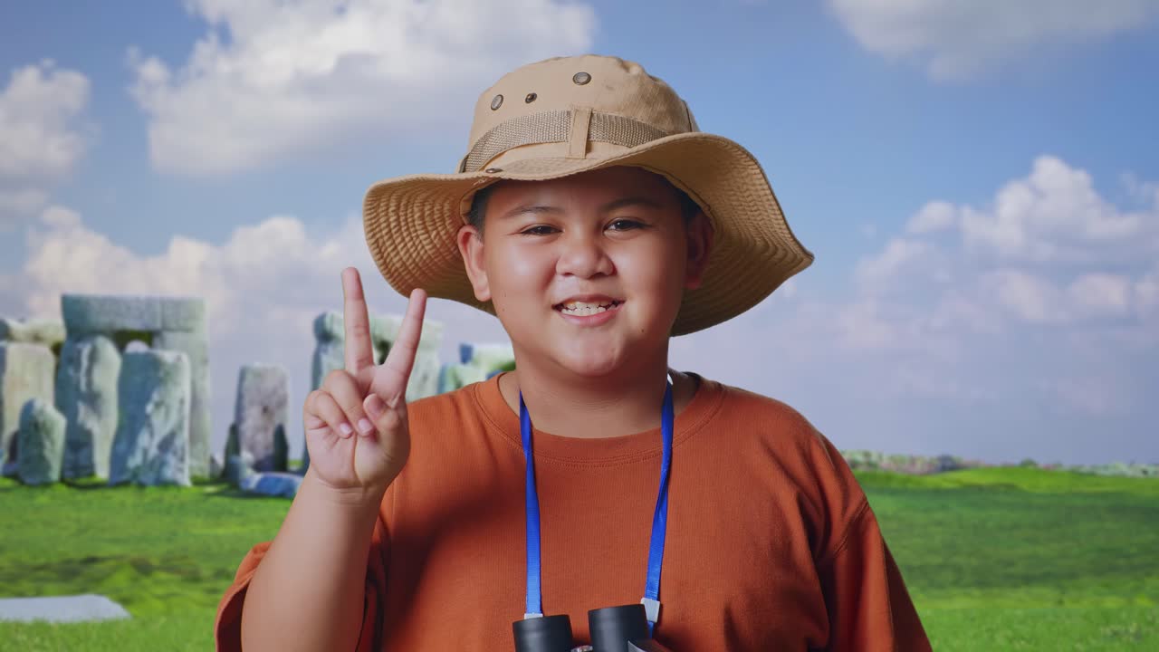 Asian Boy With A Hat And Binoculars Using The Magnifying Glass Then Showing Peace Gesture While Traveling In Stonehenge. Boy Researcher Examines Something, Travel Tourism Adventure, Close Up