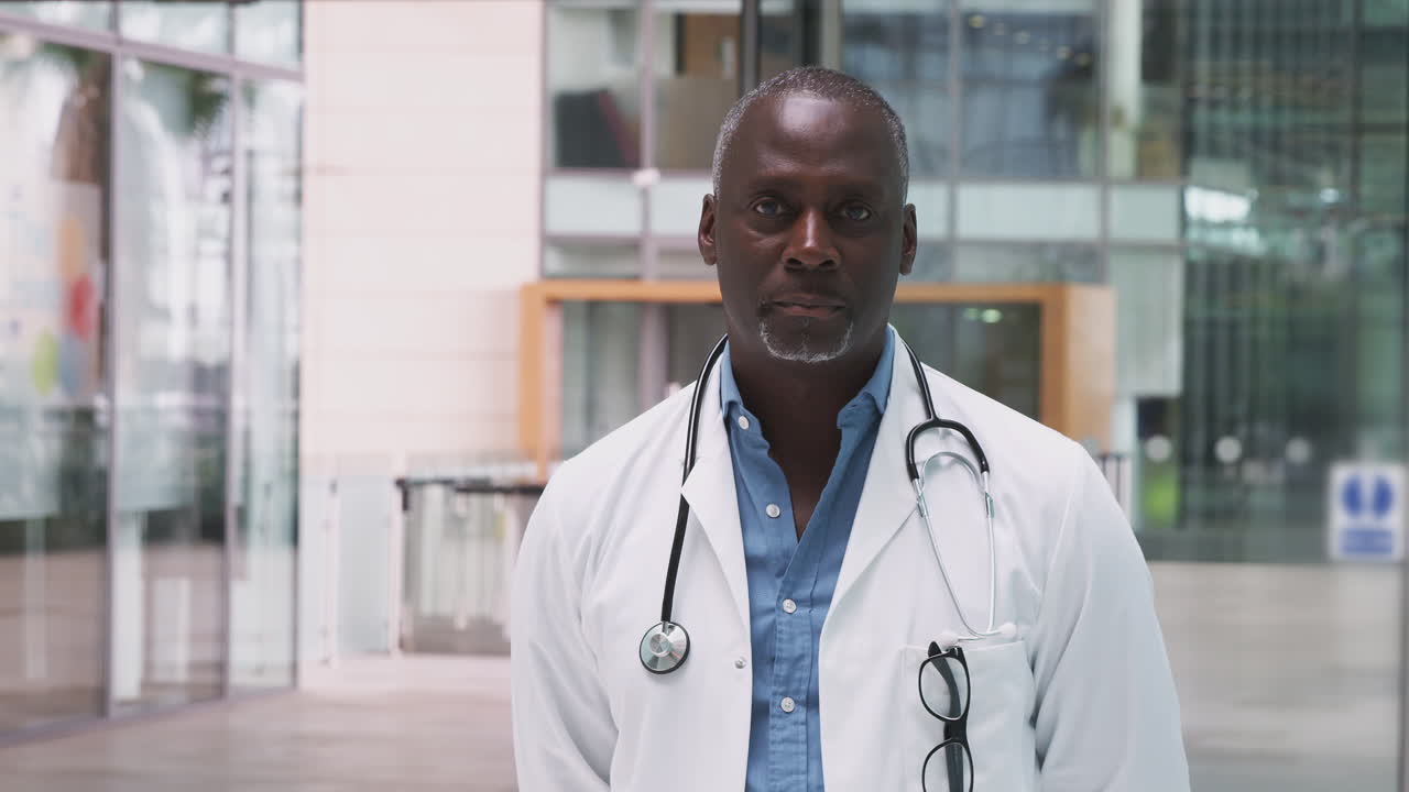 近代的な病院の建物に立つ、白衣と聴診器を身につけた男性医師のポートレート