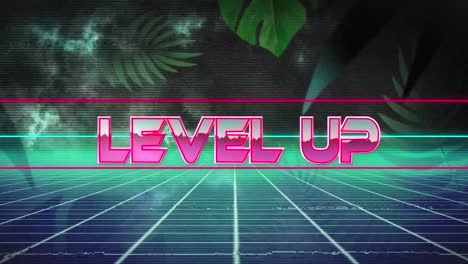 Animation-of-level-up-text-over-neon-shapes-on-dark-background