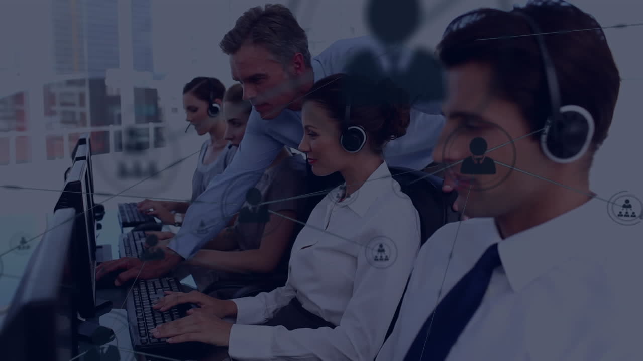 Animation of network of connection with icons over business people wearing phone headsets
