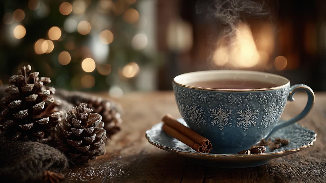 Cozy Atmosphere with a Steaming Cup of Tea Surrounded by Winter Decor and Pine Cones, Perfect for a Relaxing Evening by the Fire