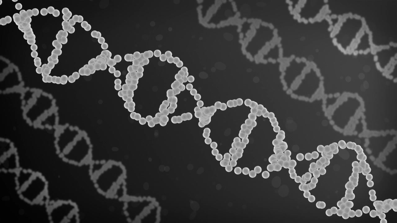Filamenti di DNA animati in 3D che si attorcigliano e ruotano con cerchi granulosi fluttuanti su uno sfondo sfumato scuro, grafica in movimento di biologia genetica scientifica mozzafiato, effetti visivi astratti, colori bianco grigio.