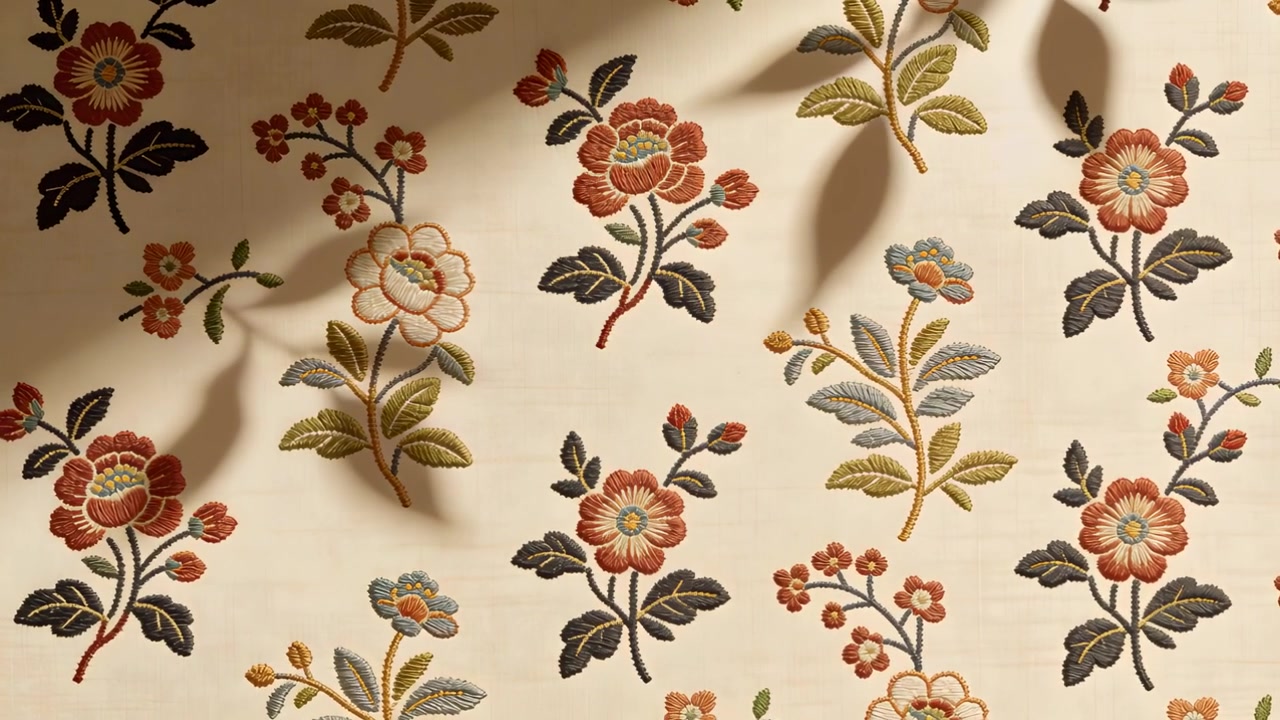 Schaduwen van plantenbladeren drijven over crèmekleurig bloemenstof op muur, geactiveerd door warm licht.