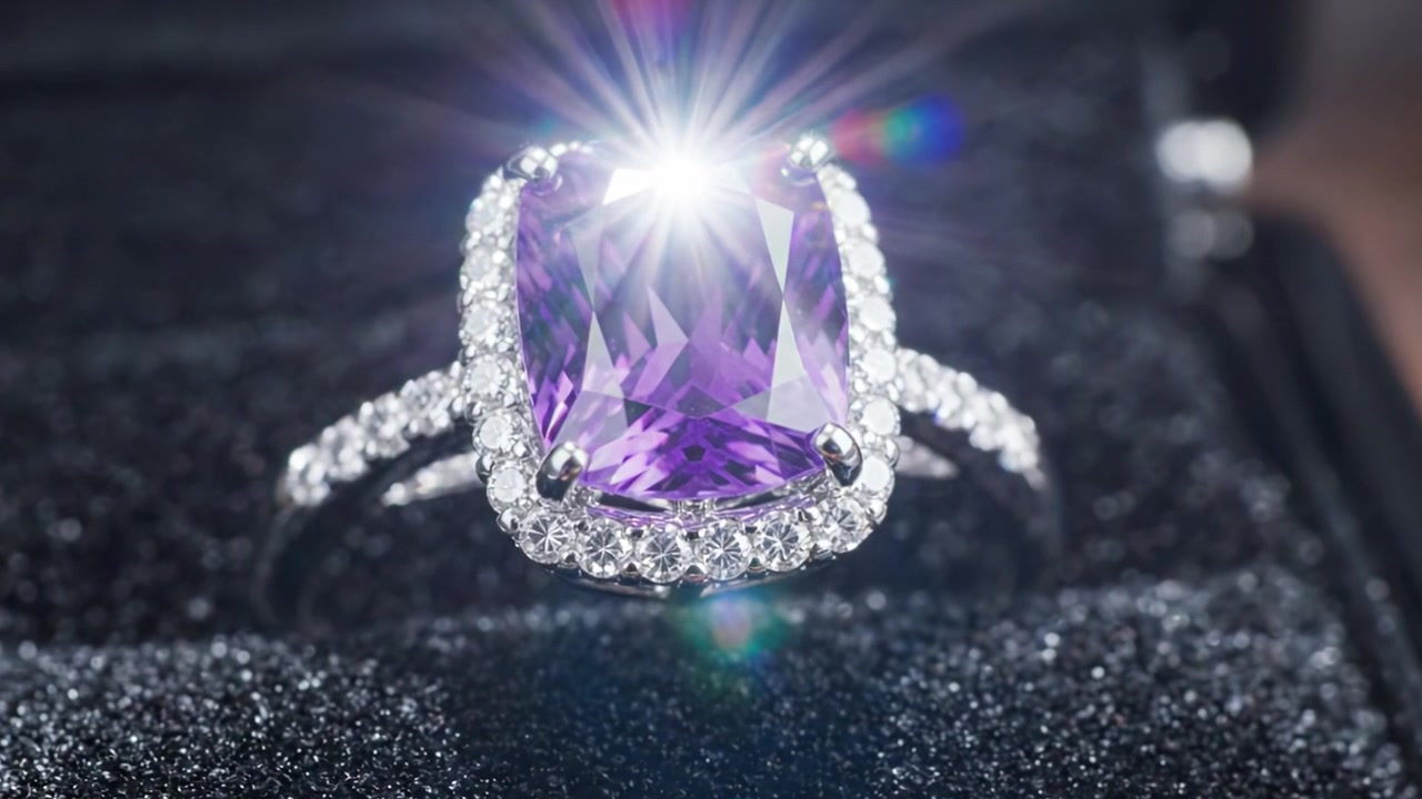 Exquisite Close-Up of an Elegant Amethyst Ring Set in Silver with Dazzling Diamonds, Showcasing its Brilliant Craftsmanship and Sparkling Beauty