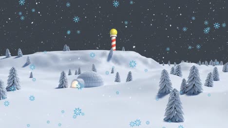 animation of snow falling over igloo in winter landscape