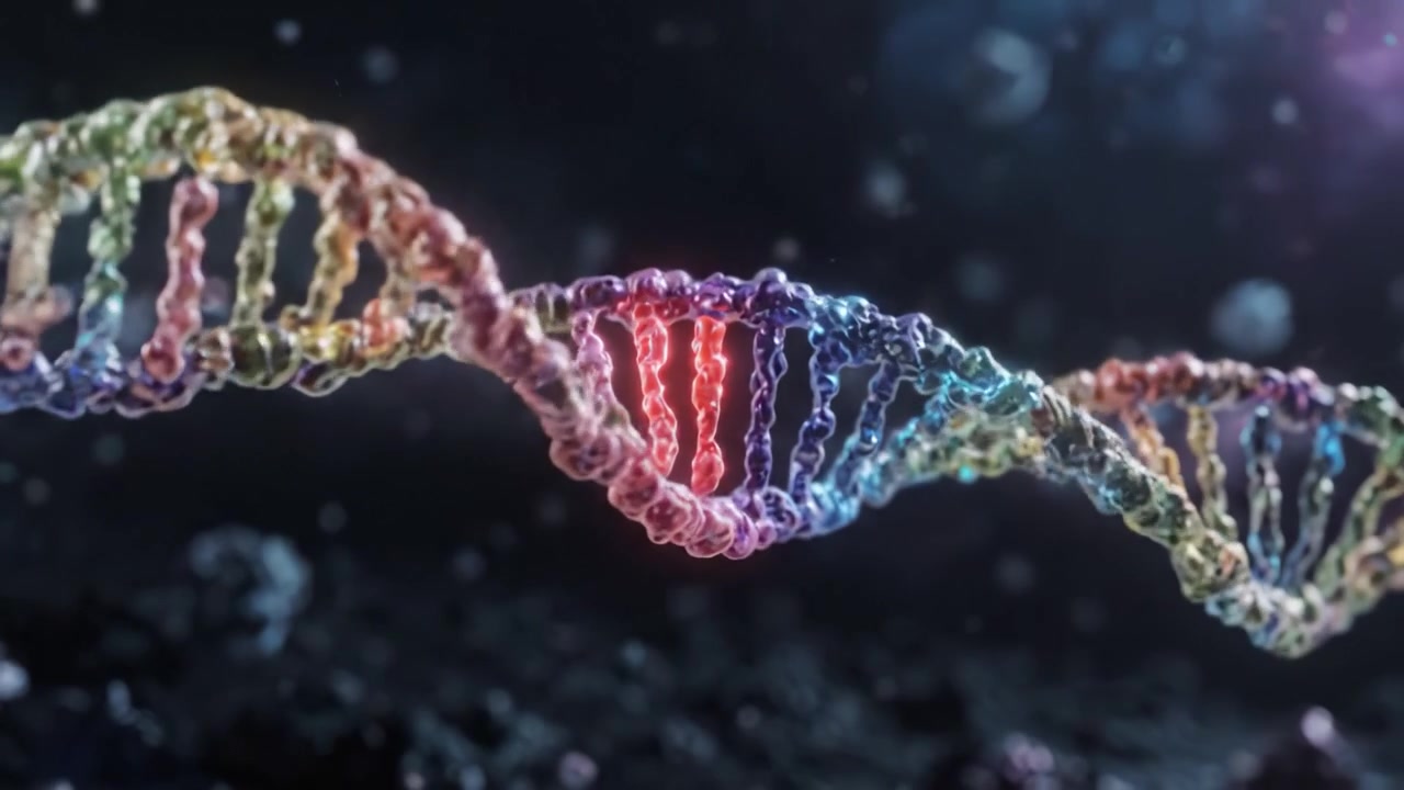 Esplorando la doppia elica: una straordinaria rappresentazione visiva dell'intricata struttura del DNA e dei colori vivaci in un mondo microscopico ipotetico.