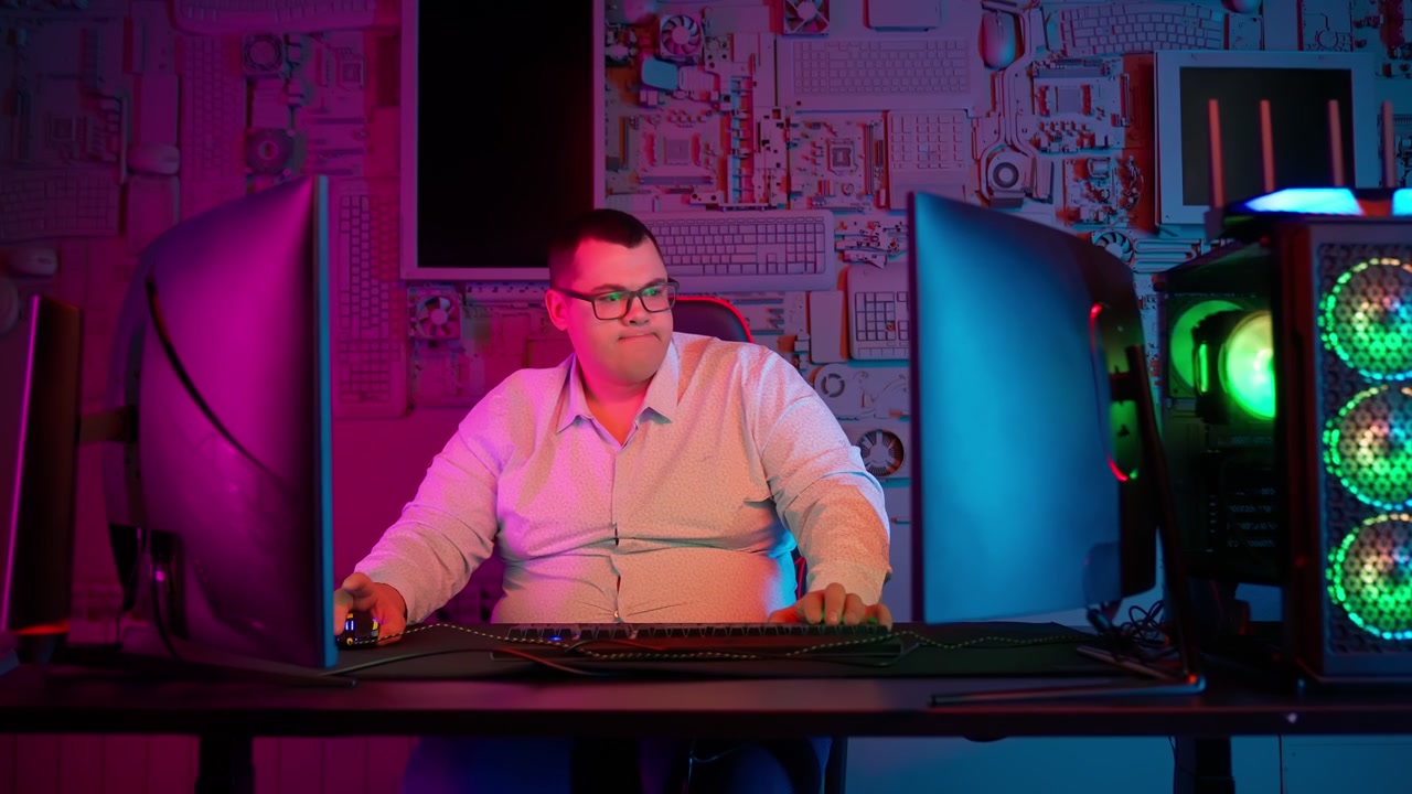 Mann arbeitet an mehreren Computerbildschirmen in einem neonbeleuchteten Technikraum