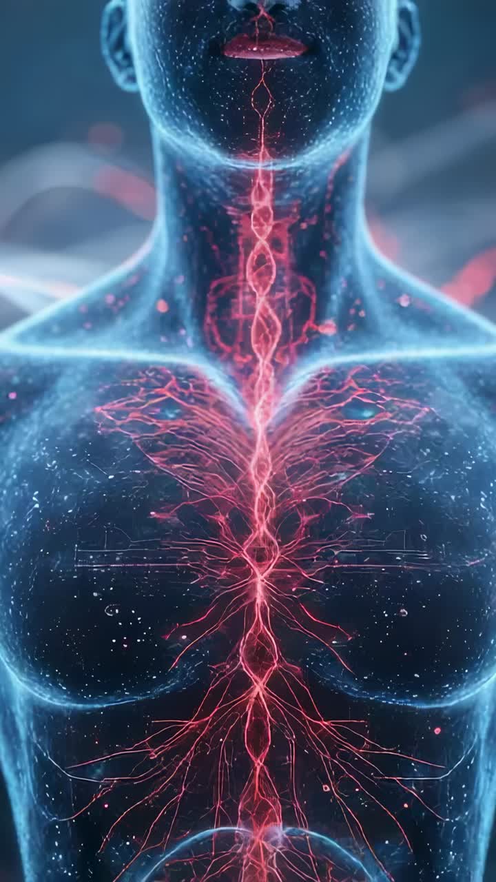 Vertical video: Starting faint red filament pulsing in stylized torso, in lab visualizing network
