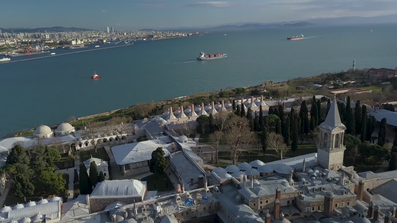 Istanbul, Turkey. Aerial View of Ottoman Topkapi Palace and Bosporus Strait on Sunny Day