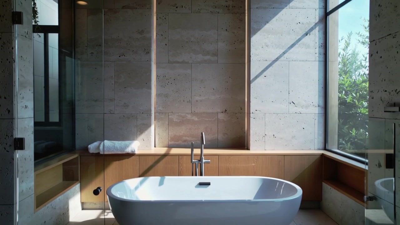 Pulling back camera revealing oval bathtub with faucet in master bathroom, to show tub and sunlight