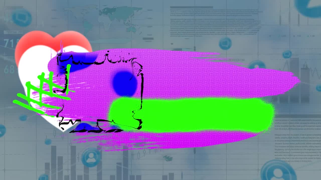 다양한 데이터와 함께 움직이는 화면에서 심장과 분홍색, 파란색 및 녹색 모양의 애니메이션