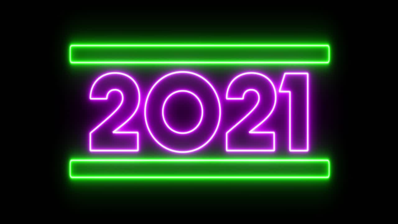 Animation einer flackernden lila Neon-Zahl 2021 und grüner Balken auf schwarzem Hintergrund.