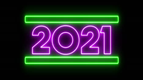 Animation-of-flickering-purple-neon-2021-number-and-green-bars-on-black-background