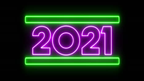 animación de parpadeante número de neón púrpura 2021 y barras verdes sobre fondo negro