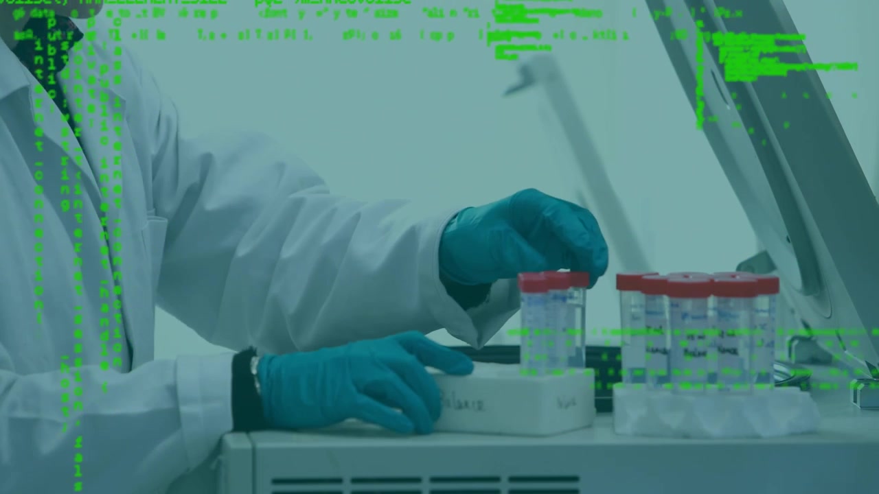 Scientist Working with Centrifuge in Laboratory with Digital Data Overlay