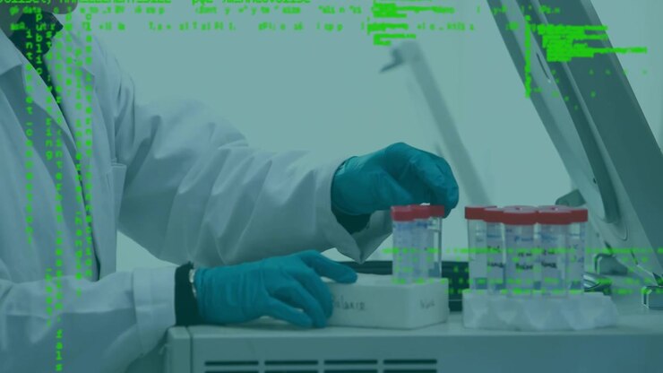 Scientist Working with Centrifuge in Laboratory with Digital Data Overlay