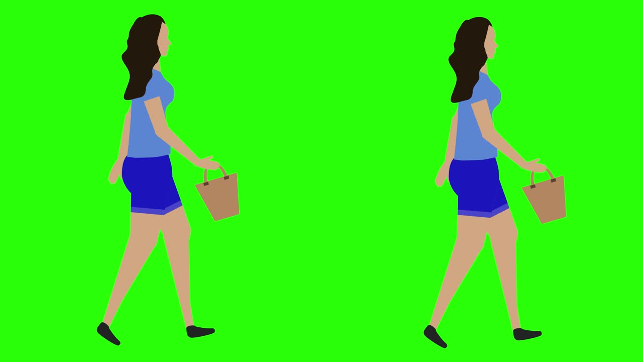 Women walking cycle seamless loop , face mask version, green screen chroma key animation, flat design