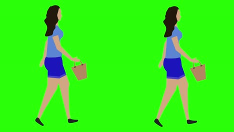 women walking cycle seamless loop , face mask version, green screen chroma key animation, flat design