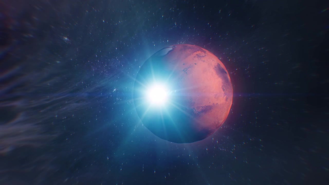 Mysterious alien ship travels past planet Mars from left to right. Behind the red planet is the dark space filled with stars.