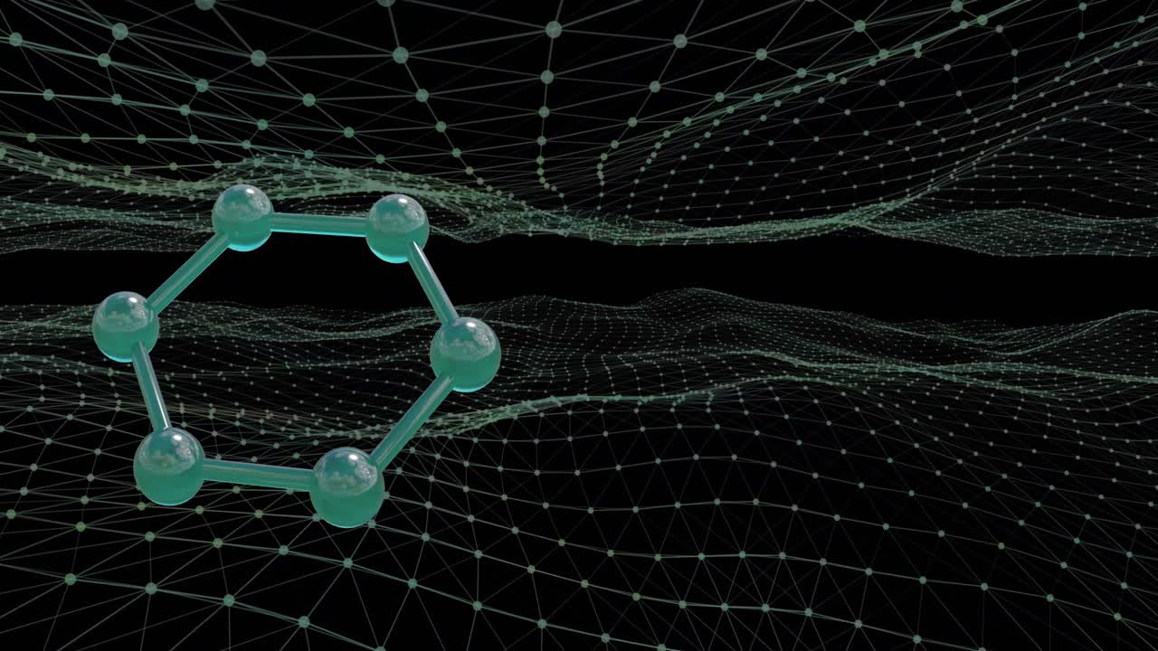 animación de micro 3d de moléculas y malla de conexiones en fondo negro