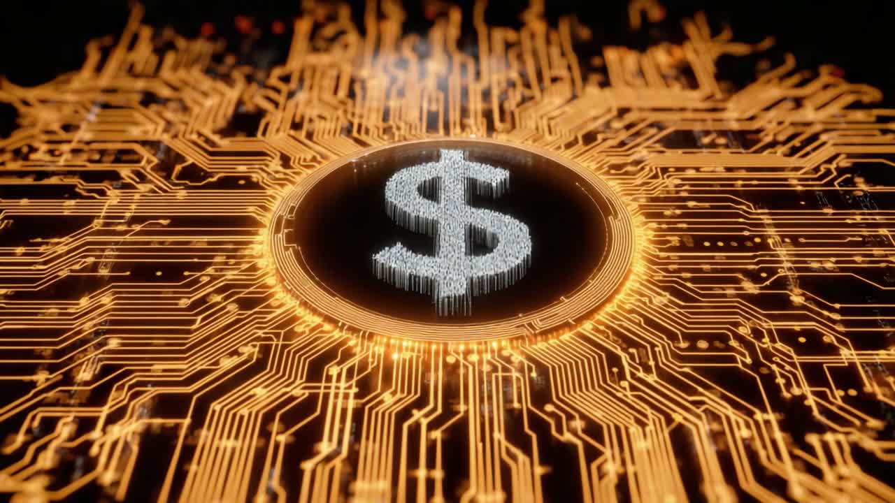 Digital Currency Concept: Illuminated Circuitry with Dollar Symbol Representing the Fusion of Finance and Technology in a Virtual Marketplace