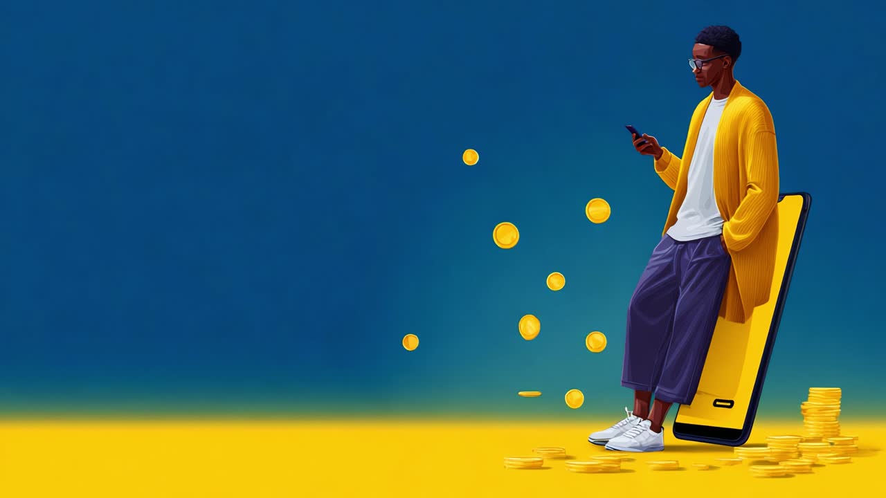 A stylish individual in a vibrant yellow cardigan stands beside a large smartphone, engaged in their mobile device, as digital coins float around them, symbolizing financial opportunities