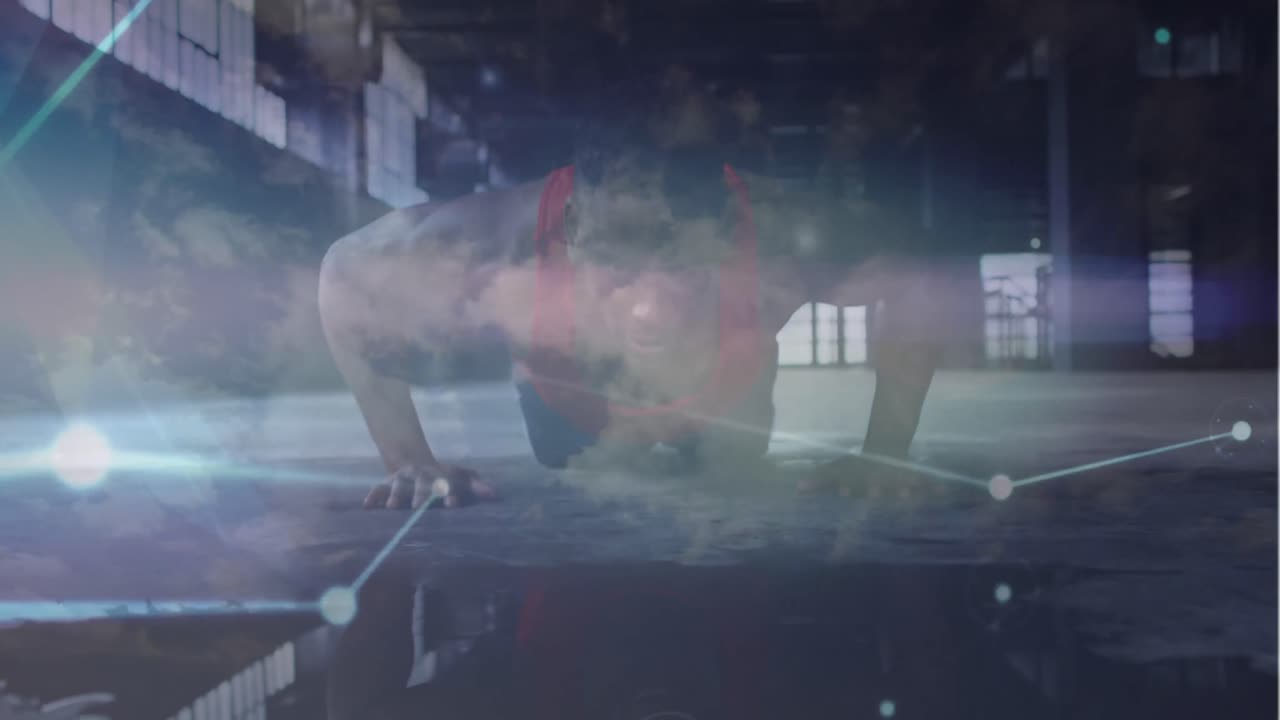 아프리카계 미국인 남자가 푸시업을 하는 구름이 있는 연결 네트워크와 하늘의 애니메이션