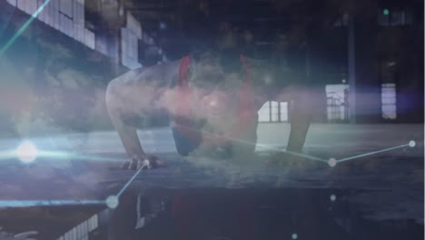 animación de la red de conexiones y el cielo con nubes sobre el hombre afroamericano haciendo flexiones