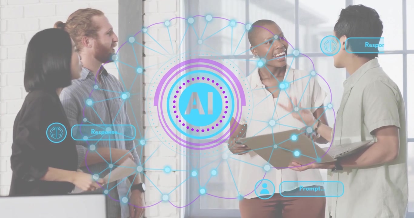 Team gathering around AI network overlay and high-fiving over insights comparing data on laptop