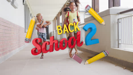animation of back to school text over happy diverse school kids at school