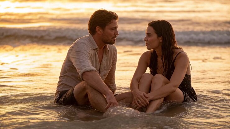 Couple souriant réagissant à une vague, penchés et parlant assis dans les vagues, chemise et robe, coucher de soleil