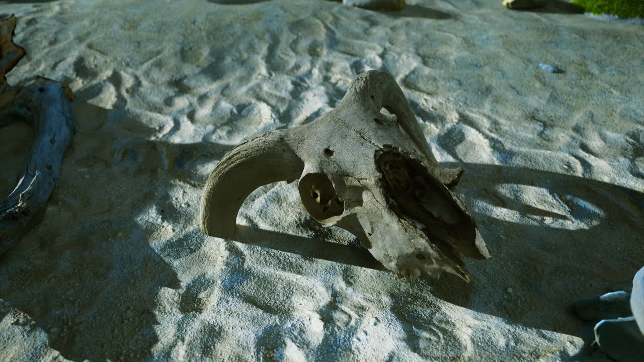 Driftwood resting on sandy beach under bright sunlight