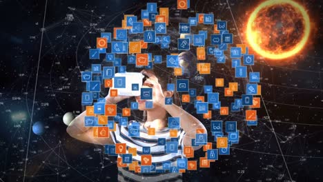 Woman-using-a-virtual-reality-headset-and-surrounded-by-icons-connected-against-a-solar-system-backg