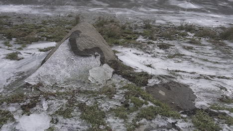 Slow-motion-slide-shot-of-ice-covering-grass-and-rocks