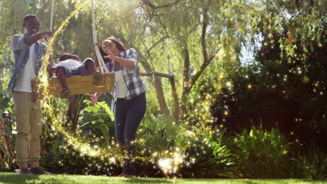 Animation-of-autumn-leaves-falling-over-happy-caucasian-couple-in-park