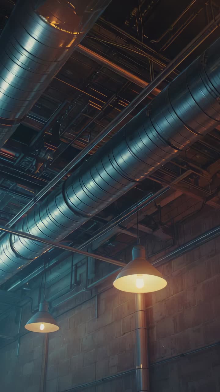 Vertical video: Panning camera revealing steel duct and pipes across shop ceiling to show pendants