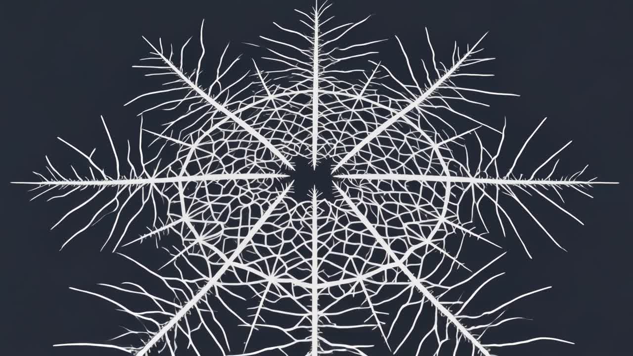 Playing white fractal with six arms growing into dome on gray backdrop, forming central star void