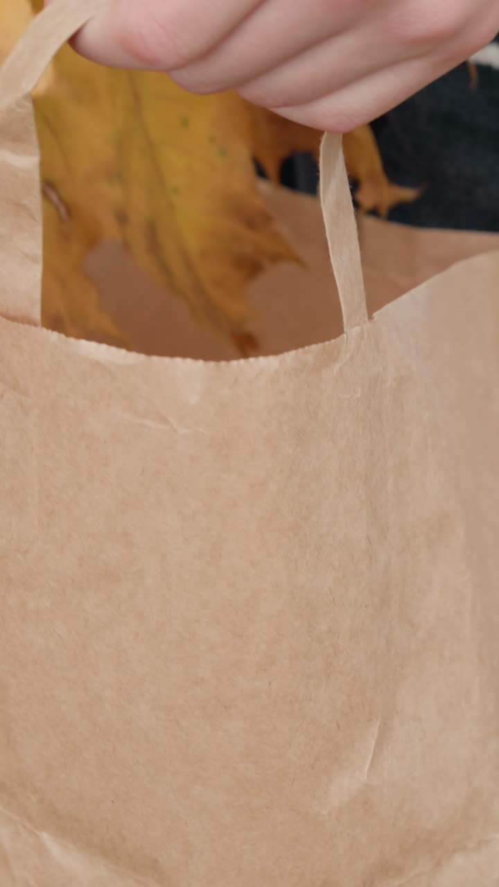 primer plano de un niño colocando una hoja seca de otoño en una bolsa de papel marrón, mostrando una actividad al aire libre sostenible e interacción con la naturaleza rodeada de hojas caídas