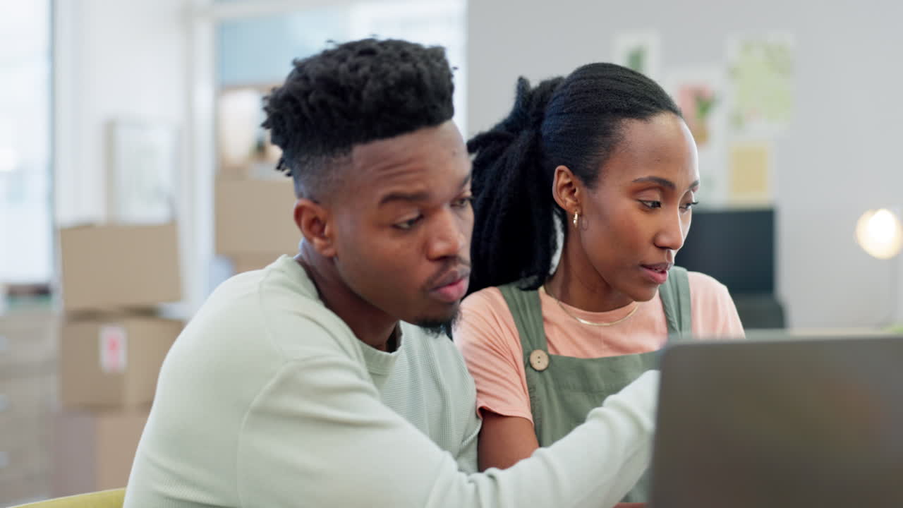Planning, black couple and laptop in conversation