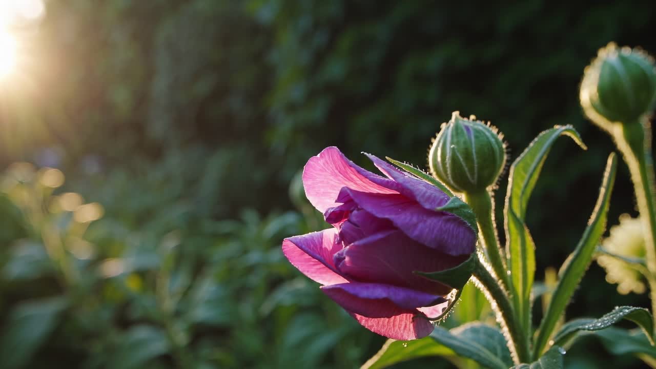 Delicate purple flower gradually unfurling petals, revealing intricate layers bathed in soft morning sunlight, illuminating natural growth and botanical elegance
