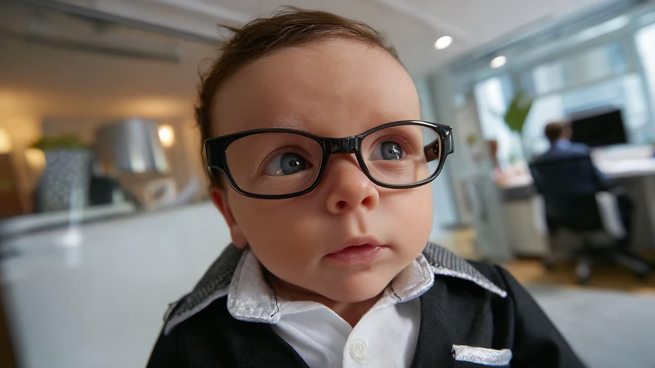 Bambino carino vestito in abiti formali con occhiali, che emana sicurezza e fascino in un ambiente ufficio moderno, catturando innocenza e professionalità