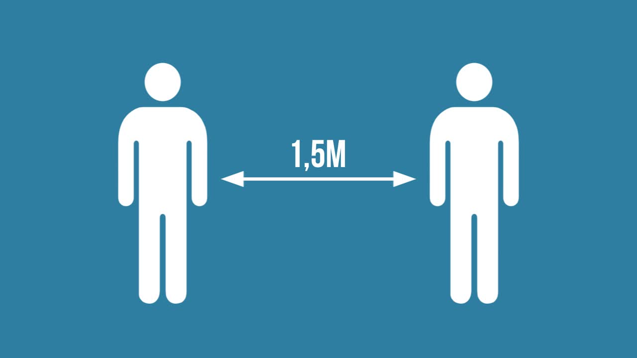 빨간색 '허용되지 않음' 십자가와 녹색 '오케이' 기호가 있는 두 개의 인간 아이콘이 있는 1,5미터의 사회적 거리 애니메이션