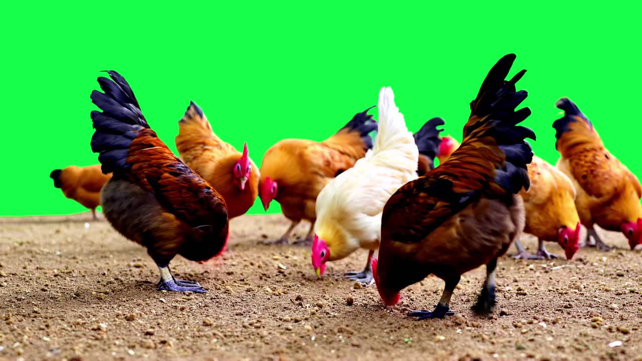 Chickens pecking animation, transparent 4K video, green screen