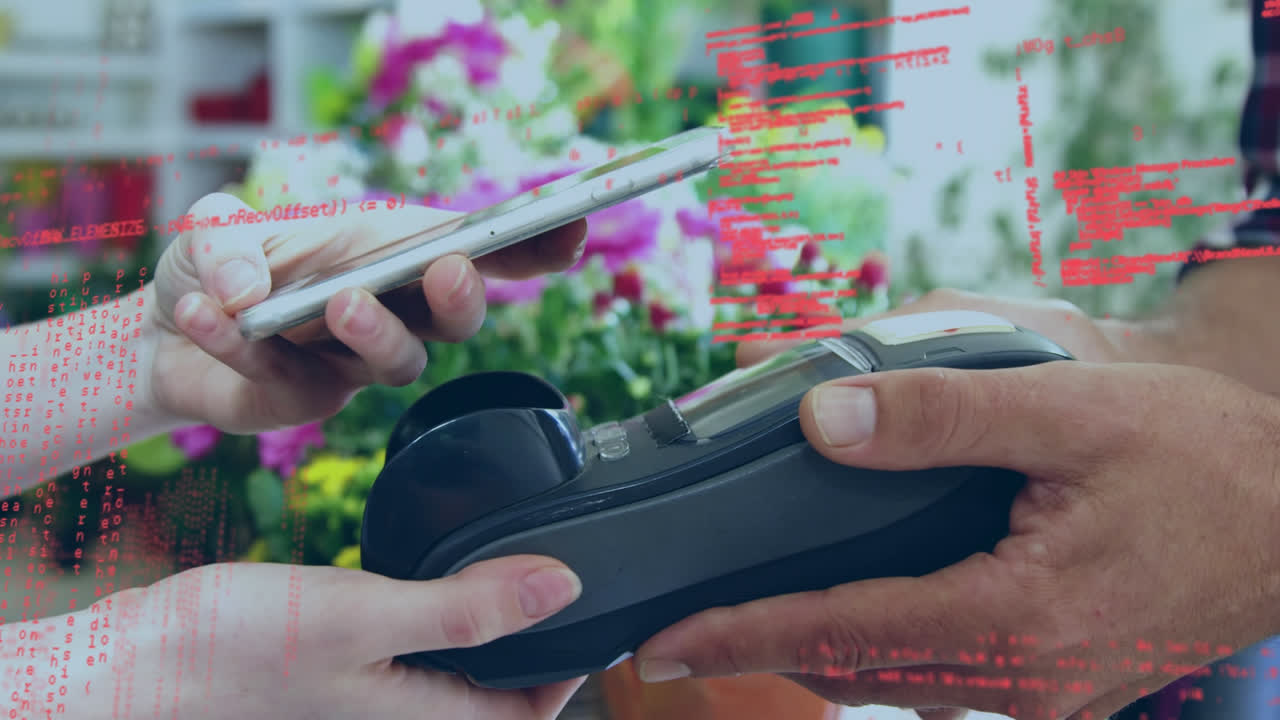 Animation of data processing over caucasian woman paying with smartphone